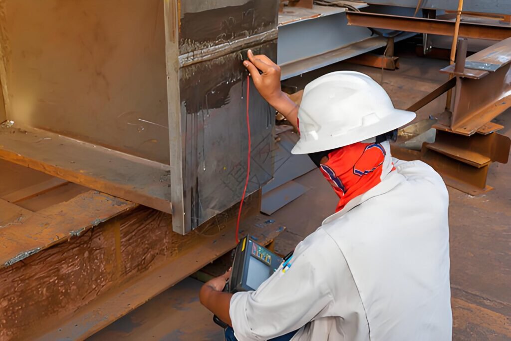 An NDT technician using an ultrasonic transducer to inspect a metal component.